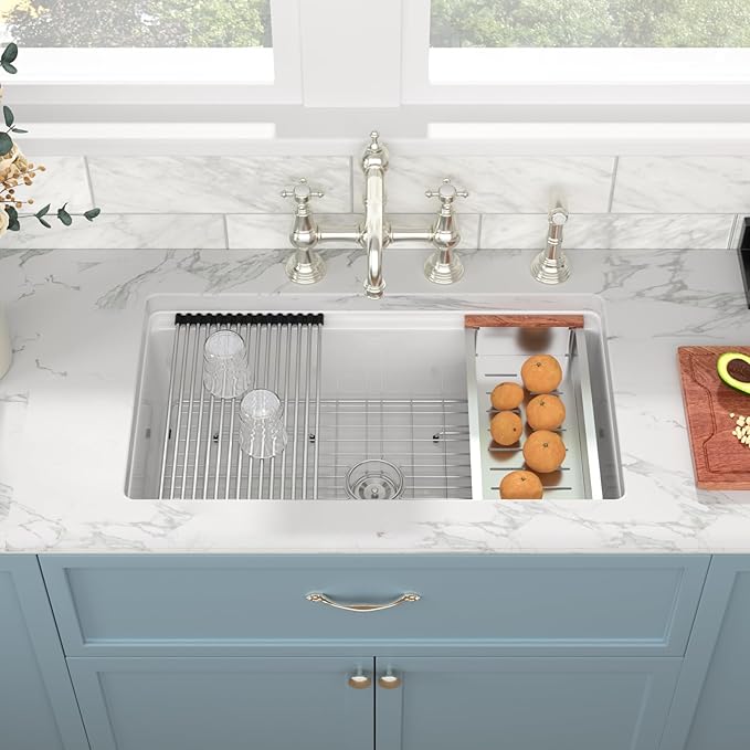 Sarlai White Undermount Kitchen Sink 33 Inch White Sink Ceramic Kitchen Sinks Drop In Single Bowl Ledge Workstaion Topmount Fireclay Basin 33 x19 x10 Inch