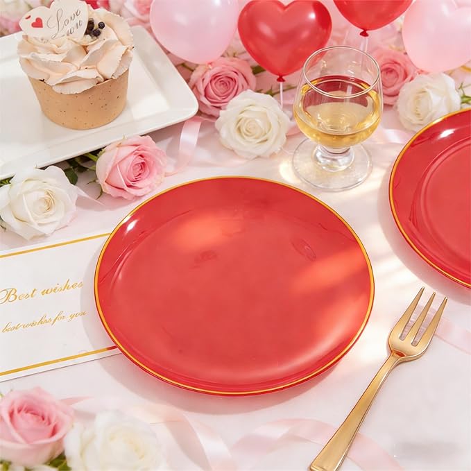 Festiva 200Pcs Red Gold Dessert Plates 6.3" with Plastic Forks 5"-Small Disposable Plates- Dessert/Cake/Appetizer Plastic Plates include 100Plates 100Forks for Birthday Party&Valentine's Day