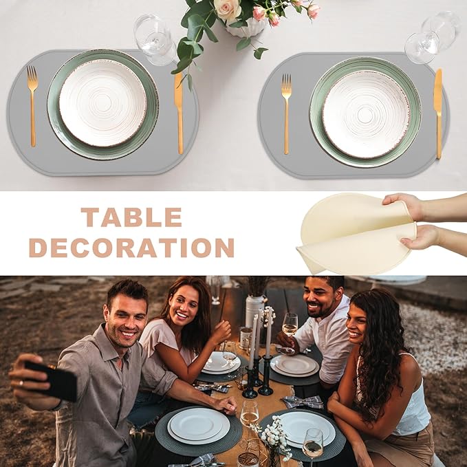 uxcell 4 Pcs Oval Silicone Placemat, 15.4" x 10.4" Non-Slip Washable Table Placemats Heat Resistant Waterproof Mat with High Edge for Table Kitchen Desk Protection, White