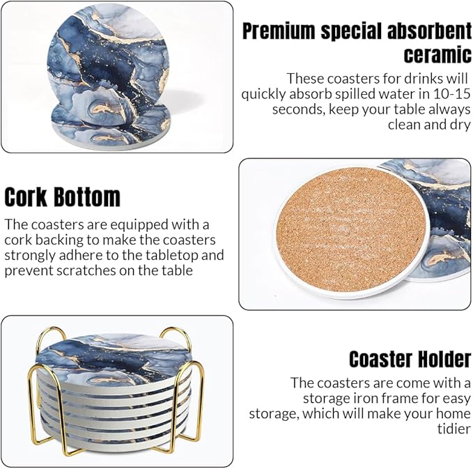 Ceramic Coasters Set of 6, Marble-Textured Design with Holder - Absorbent Cork-Backed Coasters for Cups, Bar & Coffee Table Decor Accessories (Dark Blue Marble, 6 Pack)