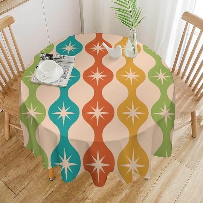 Mid Century Modern Round Tablecloth, Vintage Abstract Colorful Geometric Tablecloth for Home Party Dining Room Kitchen Decor 50Inch(127cm)