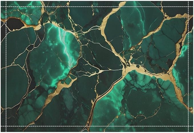 Marble Linen Placemats Set of 4, Modern Luxury Foil Texture Hunter Green White Gold Marble Washable Cloth Place Mats, Non-Slip Dining Table Placemats for Home Kitchen Party Banquets Decor 12x17 Inch
