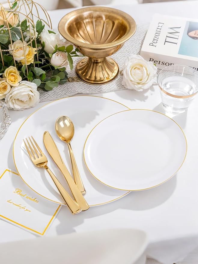 WDF 150Pcs White and Gold Plastic Plates - Gold Plates Disposable - 25guest Disposable Dinnerware Include 25 Dinner Plate, 25 Dessert Plate, 25 Cutlery & 25 9oz Cups for Wedding Party Valentine's Day