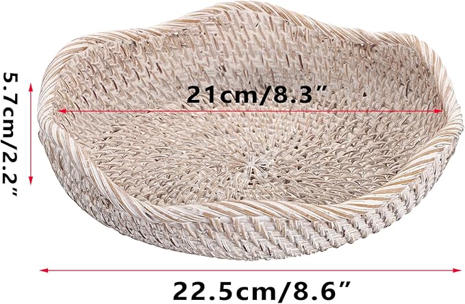 Hipiwe Decorative Key Tray Rattan Storage Bowl Food Serving Basket for Fruit Bread Candy Handwoven Basket Tray for Entryway Table Kitchen, Whitewash 8.6 Inch