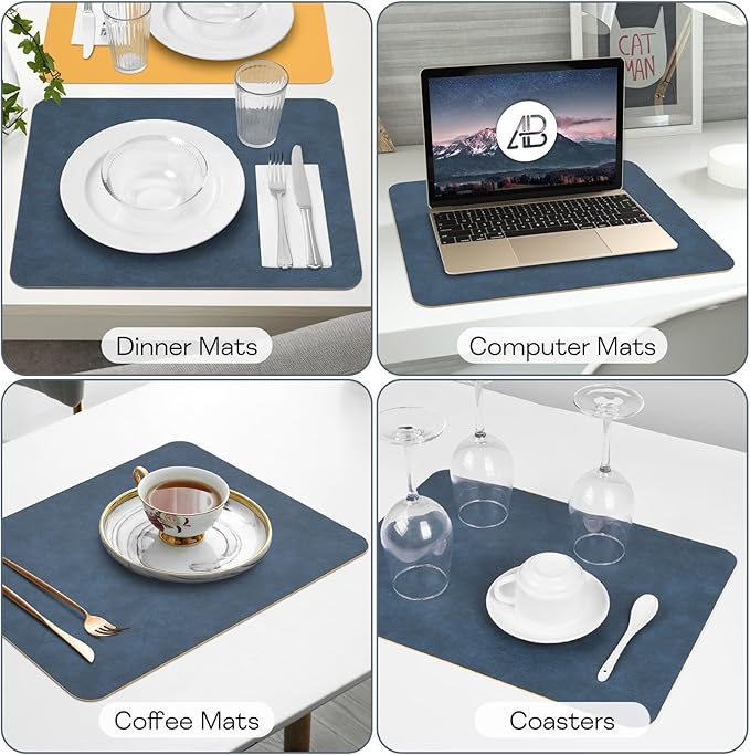 AAPLKER Faux Leather Placemats Set of 6, Vinyl Placemats Wipeable Waterproof Oil-Proof Table Mats, Heat Resistant Place Mats for Kitchen Indoor Outdoor, 16.9 x 11.8 inches (Blue/Yellow)