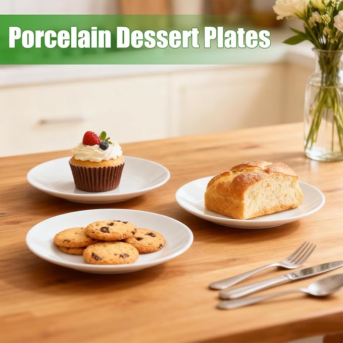 12 Pcs 8 Inch Ceramic Appetizer Plates, Round Dessert Plate Set, White Porcelain Serving Plate for Cake Snacks Bread, Microwave & Dishwasher Safe