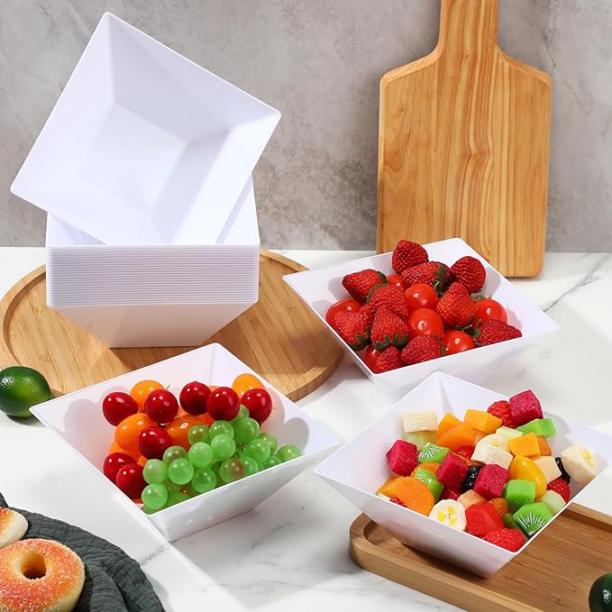 Tioncy 30 Pcs Square Plastic Serving Bowls, Medium Salad Fluted Plastic 35 oz Disposable Serving Bowls Containers for Parties, Snack, Buffet, Chips(White,Classic)