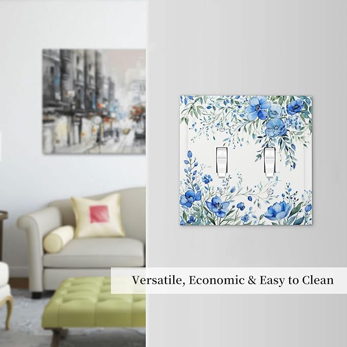 Decorative Light Switch Cover Blue Watercolor Flowers Retro Floral Leaves 2 Gang Wall Plate Double Toggle Switch Plate Receptacle Electrical Outlet Cover Switchplate for Bathroom Bedroom（2 Pack）