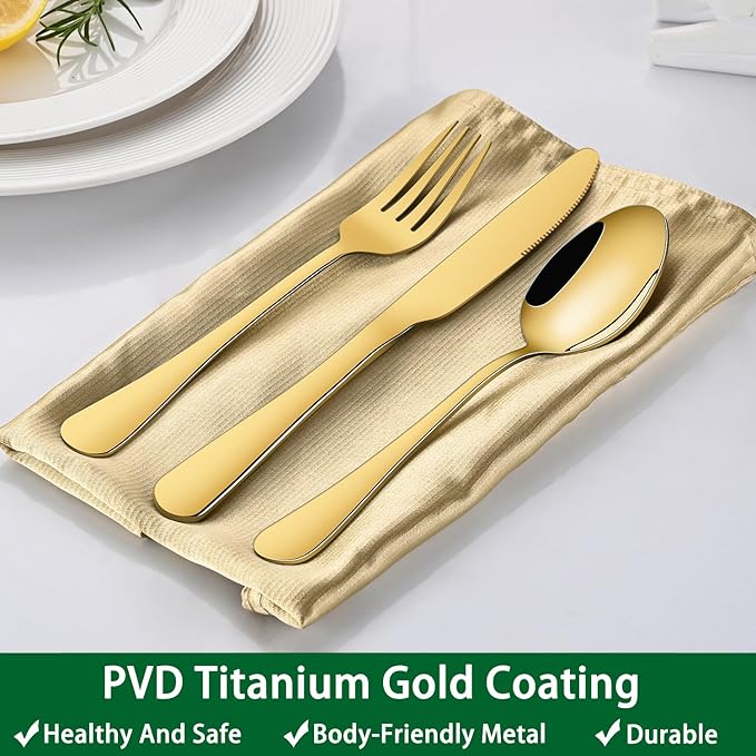24-Piece Gold Silverware Set with Steak Knives,Golden Flatware Sets Service For 4 Person For Home,Party,Restaurant,Durable Cutlery Sets,Includes Knife Spoon and Forks Sets