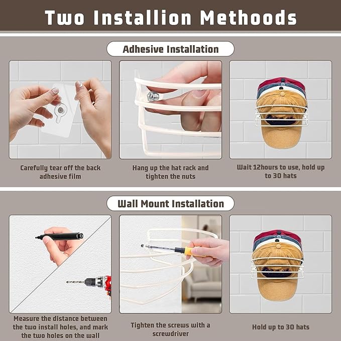 Hat Organizer for Baseball Caps, 2-Pack Beige White Metal Hat Rack Ball Cap Storage Organizer Hold Up to 30 Caps Hat Holder for Wall Door Closet, Wall Mounted & Adhesive Installation Option