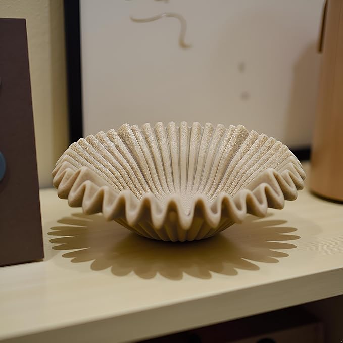 Large Decorative Bowl decor, Scalloped Pedestal Bowls for Modern Home Decor,Ruffle Decor,Stylish Key Bowl for Entry Table,Decorative Fruit Bowl for Kitchen Counter,Artificial Stone Beige