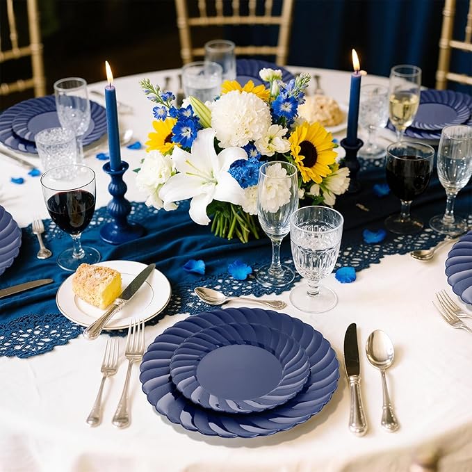 U-QE 60 Pcs Blue Plastic Plates for Party – Scalloped Blue Plates Disposable Heavy Duty – Include 30 10.25" Dinner & 30 7.25" Dessert Plate - Perfect for Parties, Weddings