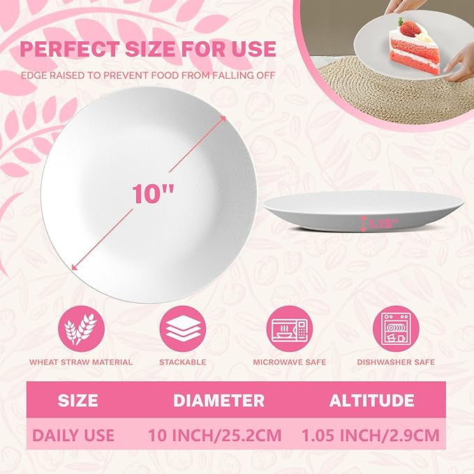 Homienly Wheat Straw Dinner Plates 10 inch, Unbreakable Plates Set, Alternative to Plastic Plates Reusable, Microwave and Dishwasher Safe Plate for Kitchen, Camping, Salad - White
