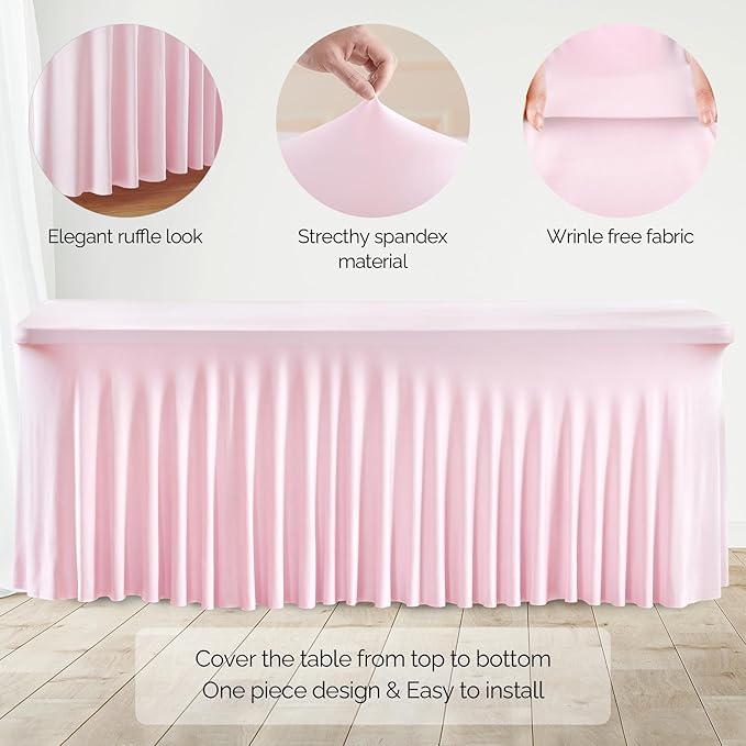 Wish Care 2 Pack Pink Spandex Table Clothes for 8 Foot Rectangle Tables, 8FT Wrinkle Free Fitted Tablecloths Ruffles Design Table Cover for Party, Banquet, Wedding and Events