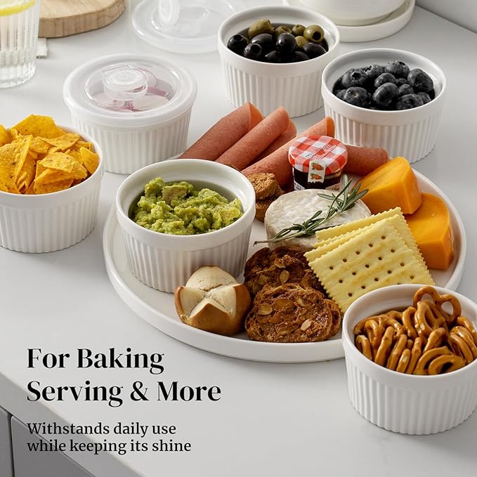 DOWAN Ramekins 8 oz Oven Safe with Lids, Creme Brulee Ramekins Bowls, Porcelain Ramiken Souffle Dishes, Custard Cups for Baking, Small Bowls for Pudding Dip Sauces Charcuterie Dessert, Soft White, Set of 6