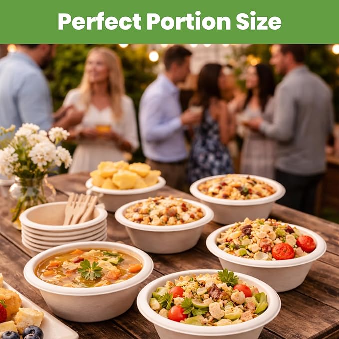 Disposable Paper Bowls, 8oz 500 Pack, Compostable Heavy-Duty Biodegradable Sugarcane Bowls – Eco-Friendly, Bagasse Bowl for Soup, Salad, Dessert & More