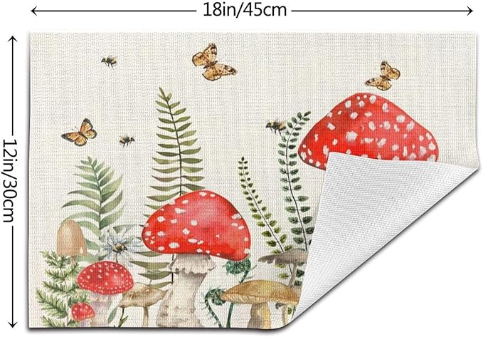 Spring Placemats 12x18 Inches Set of 4,Red Green Mushroom Leaves Decorative Rectangle Summer Seasonal Botanical Decoration Linen Table Mats for Party, Home Kitchen,Dining Table Decor