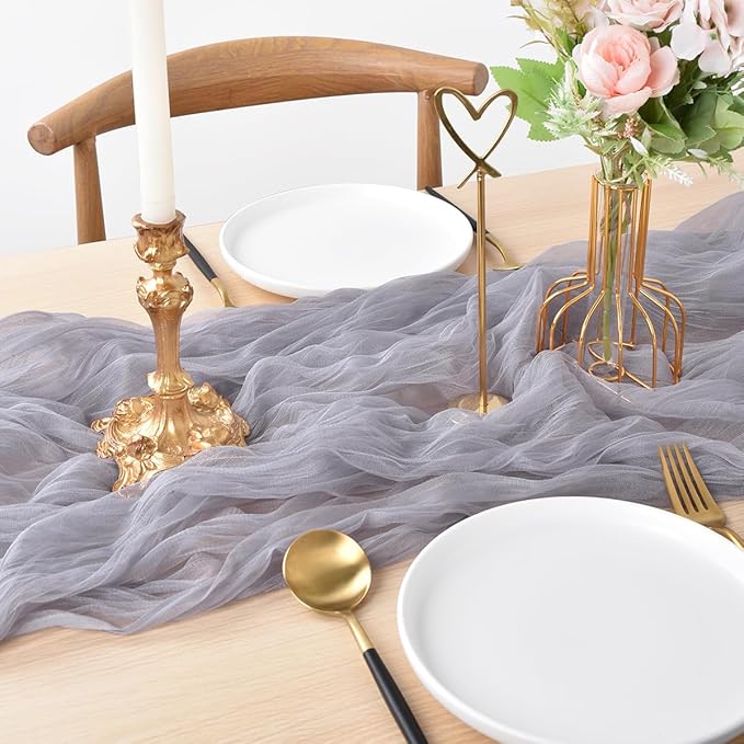 Joanlody Light Gray Cheesecloth Table Runner Spring Easter 10Ft Rustic Gauze Boho Cheese Cloth Table Runner for Wedding Bridal Baby Shower Decoration
