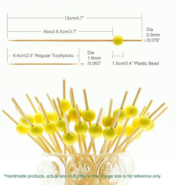 Minisland Yellow Pearl Cocktail Picks, 4.7 Inch Long Bamboo Fancy Toothpicks for Appetizers, Decorative Mardi Gras Carnival Party Food Drink Garnish Fruit Kabob Skewer Sticks 100 Counts - MSL451
