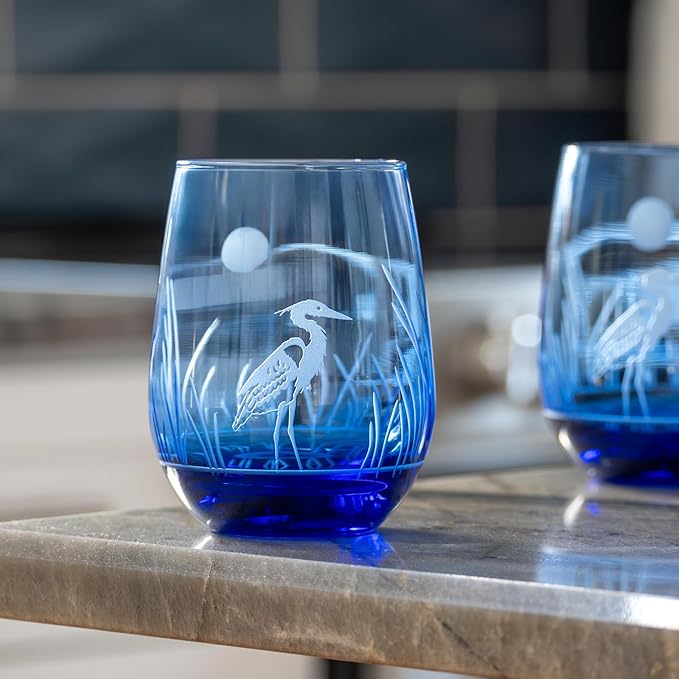 Rolf Glass Heron Blue Stemless Wine Glass | 15oz Stemless Tumbler | Engraved Lead-Free Coastal Glassware | Made in the USA | Blue Heron Engraved Design | Set of 4
