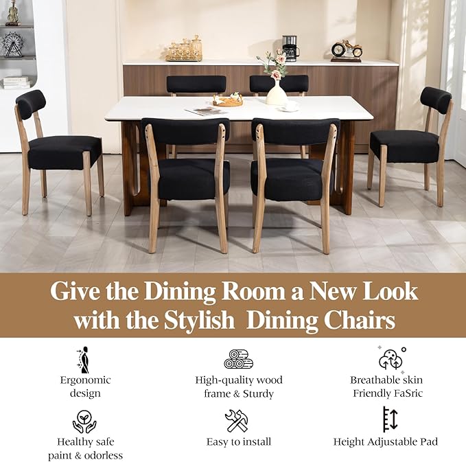 Dining Chairs Set of 4, Mid-Century Modern Wooden Kitchen Chairs with Linen Upholstery - Low-Back Woven Design for Kitchen & Dining Room,Black Fabric
