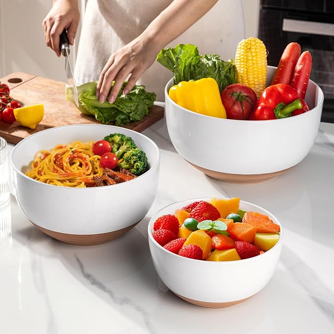 AmorArc Ceramic Mixing Bowls|Nesting Bowls Set of 3 for Kitchen|Stoneware Serving Bowls with Rustic Terracotta Underside for Mixing,Cooking,Baking,Salad| Microwave & Dishwasher Safe 4.6/2.8/1.3 Qt