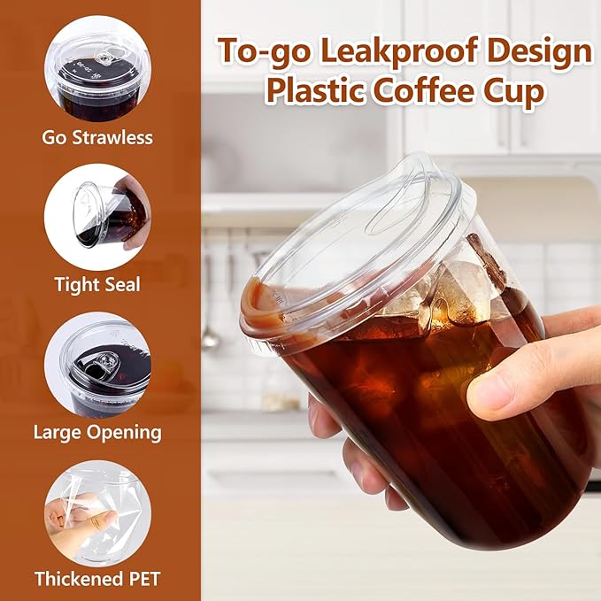 50 Pack 16 oz Disposable Iced Coffee Cups With Sip Lids , Clear Plastic Cup for Cold Boda Tea Smoothie Slushie Milkshake Togo Drinking for Party , Drink Shop Coffee Bar Accessories Supplies , BPA Free