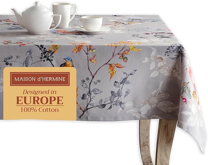Maison d' Hermine Table Cloth Rectangle Table 100% Cotton 60 x 120 Inches Fall Tablecloth Reusable Everyday Use for Thanksgiving Christmas Decorations Dining Farmhouse Party (Equinoxe - Grey)