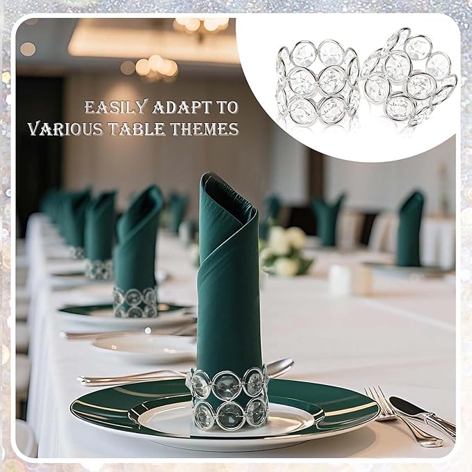 Crystal Metal Napkin Rings Set, Elegant Wedding/Party Table Decor, Shiny Holiday Dinner Accessories Bulk, Bridal Shower Gift, Anniversary, Christmas, Home Decor Essentials (Silver, 6-Pcs)