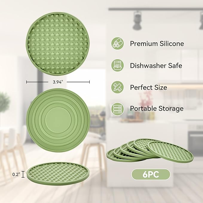 Coasters for Drinks, Silicone Coasters Set of 6 with Metal Holder, Outdoor Coaster for Coffee Table, Non-Slip Rubber Table Cup Mat Desk, Heat Resistant & Scratch-Proof (Green)