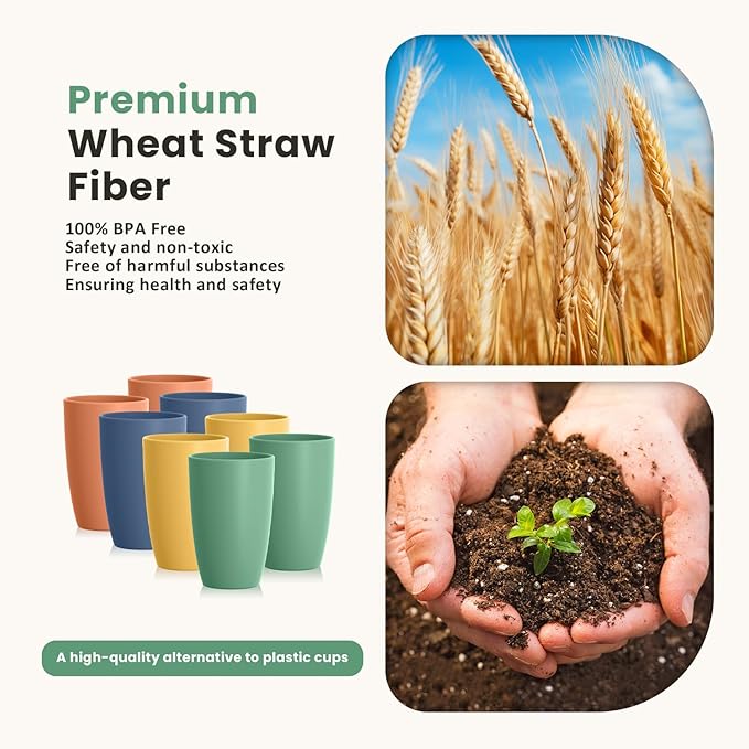 Homienly Wheat Straw Cups 8 PCS Plastic Cups Unbreakable Drinking Cup Reusable Dishwasher Safe Water Glasses with 4 Colors (20 OZ)