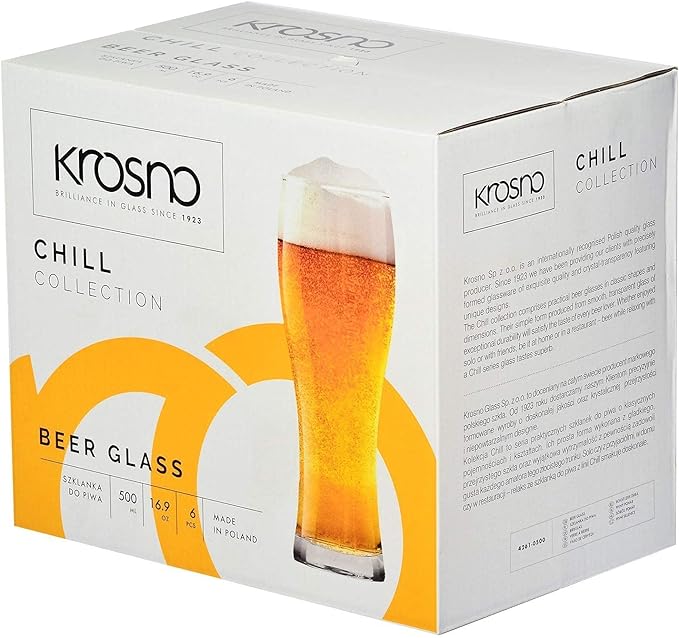 Krosno Tall Beer Pint Glasses, Set of 6, 16.9 oz, Chill Collection, Beer Tatsing, Lager, IPA APA Glasses, Dishwasher Safe, Made in Europe