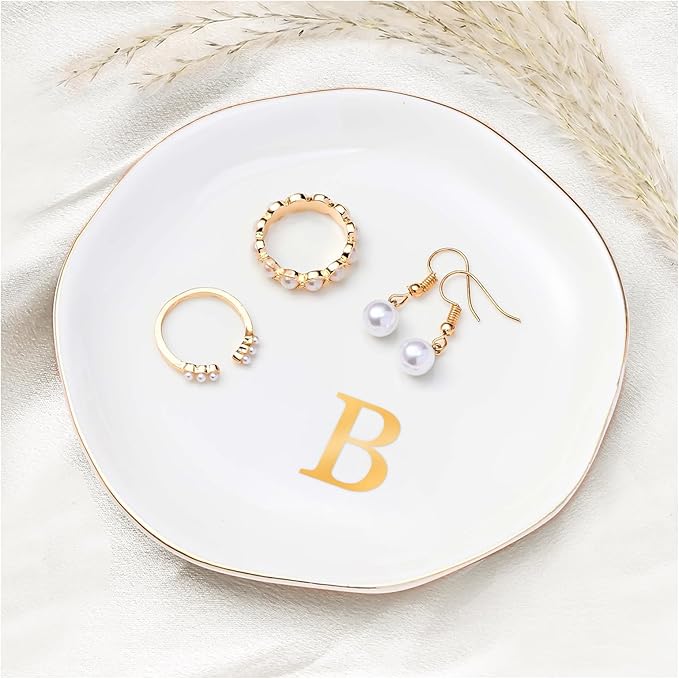 ProCase Ceramic Jewelry Tray, Initial Ring Dish Trinket Plate Engagement Gift, Small Personalized Monogram Ring Bowl for Wedding, White Decorative Jewelry Holder for Women Vanity -Letter B