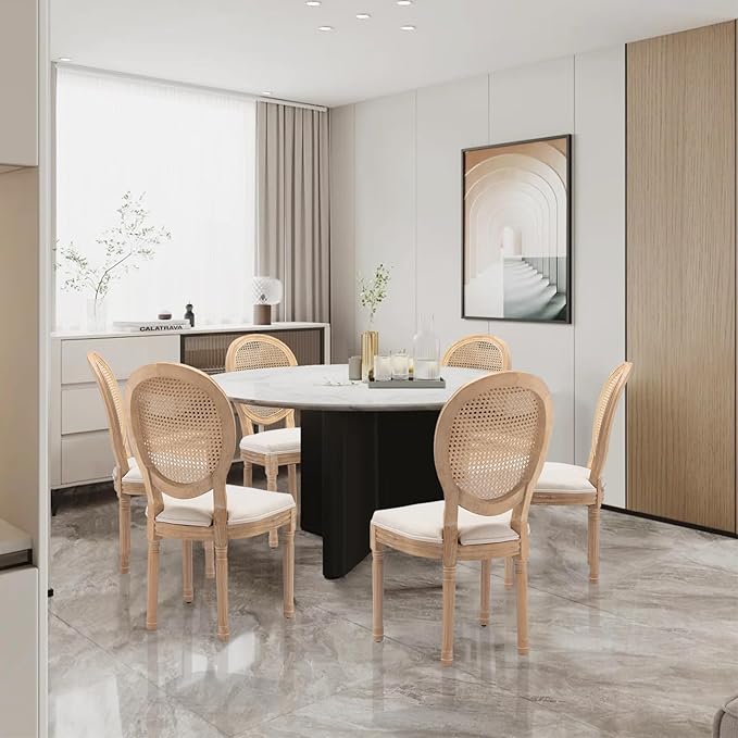 SoarFlash French Dining Chairs Set of 6, Vantage Dining Chair with Round Back, Farmhouse Country Rattan Dining Chair for Kitchen,Bedroom,Beige