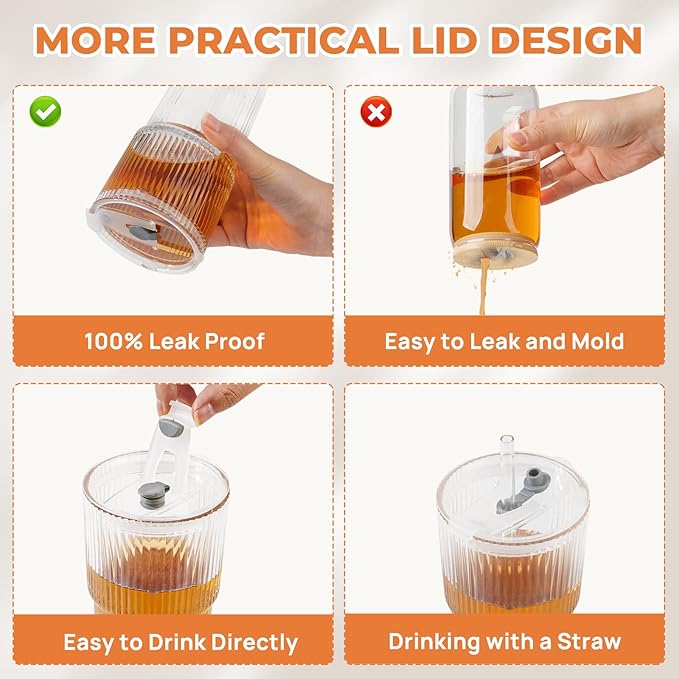 6 Pack 20 Oz Glass Cups with Lids and Straws Iced Coffee Cups Vintage Ribbed Glassware for Beer Ice Coffee Fruit Juice Elegant Aesthetic Cup Glass Iced Coffee Tumbler Include 3 Cleaning Brushes