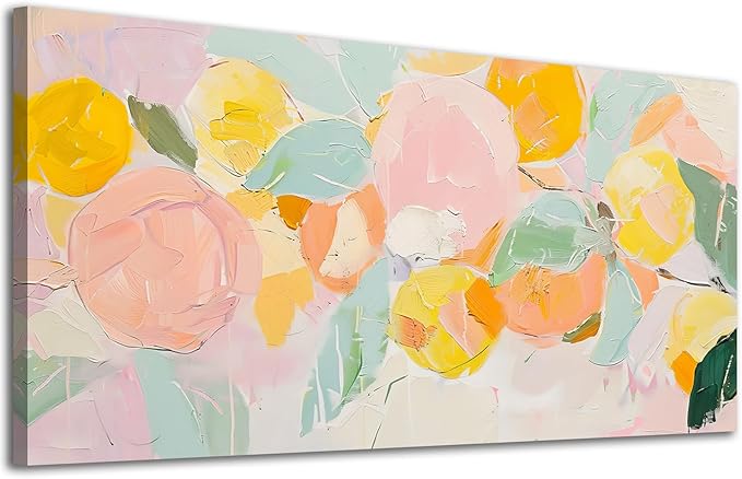 ADJUVANT Wall Art Impressionist Colorful Floral 48"L x 24"W, Bright Blooms With Pastel Leaves Canvas Painting Lively Petals Artwork Prints Floral Wall Decor for Living Room Bedroom Dining Room Home Office