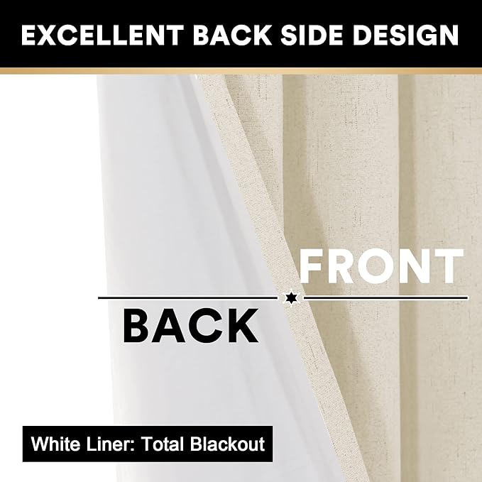 PrinceDeco 100% Blackout Linen Curtains for Bedroom Rich Textured Window Curtain Room Darkening Thick Thermal Curtain for Living Room Light Blocking Curtains & Drapes 84 Inches 2 Panels,Bleached Sand