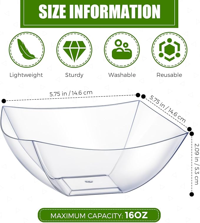 Sliner 100 Pcs Square Plastic Bowls Plastic Serving Bowls Disposable Chip Containers for Parties Snack Fruit Candy Containers for Candy Buffet Salad Bar Buffet Party Supplies(Clear,16 oz)