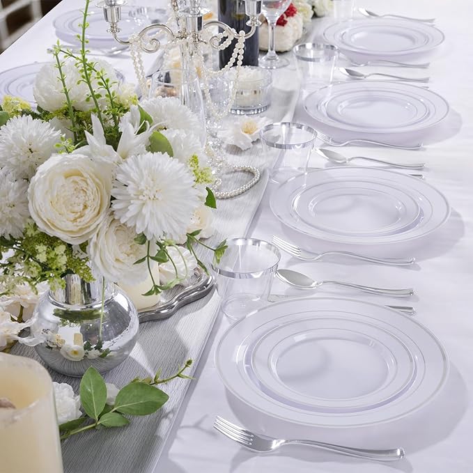 150 PCS Silver Disposable Dinnerware Set for 25 Guests, Silver Plastic Plates for Party, Including 25 Dinner Plates, 25 Salad Plates, 25 Cups, 25 Forks Knives Spoons for Wedding and Party Supplies
