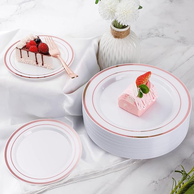 Goodluck 600 Pieces Rose Gold Disposable Plates for 100 Guests, Plastic Plates for Party, Wedding, Dinnerware Set of 100 Dinner Plate, 100 Salad Plates, 100 Spoons, 100 Forks, 100 Knives, 100 Cups