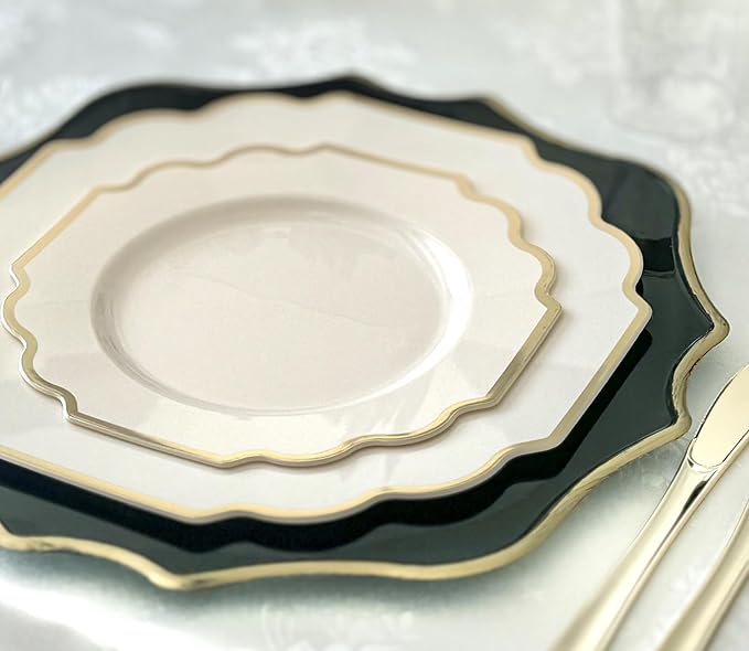 " OCCASIONS " 240 Plates Pack (120 Guests) Heavyweight Wedding Party Disposable Plastic Plates Set -120 x 10.5'' Dinner + 120 x 8'' Salad/Dessert Plate (Imperial Ivory & Gold)