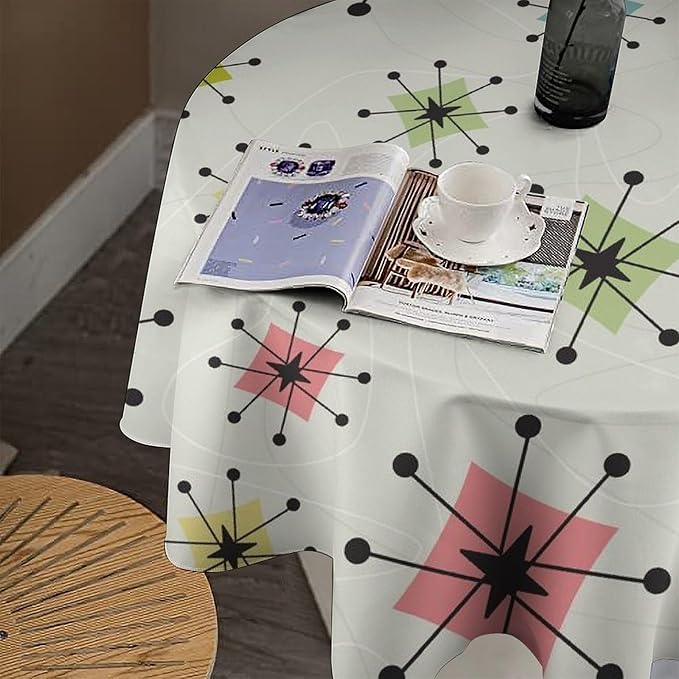 Retro Mid Century Round Tablecloth, Vintage Modern Colorful Abstract Geometric Art Bohemian Tablecloth for Home Party Dining Room Kitchen Decor 70Inch(178cm)