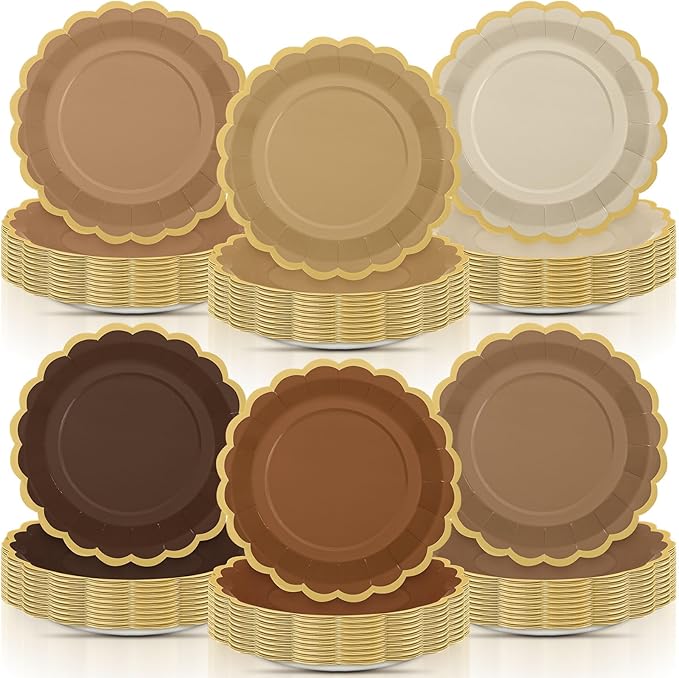 96 Pcs Brown Paper Plates 9 Inch Gradient Brown Scalloped Paper Disposable Dinner Dessert Plates for Birthday Wedding Bridal Party Supplies, 6 Colors