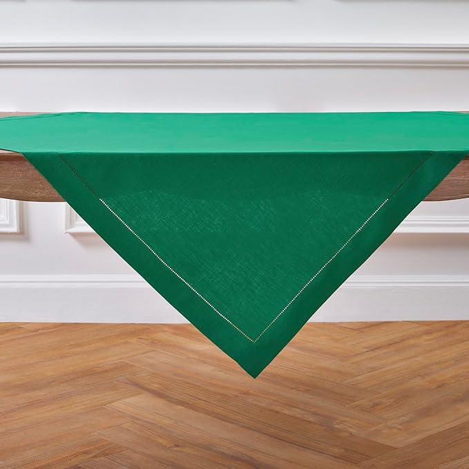 Solino Home Linen Emerald Green Tablecloth 52 x 52 Inch - 100% Pure Linen Square Table Throw - Classic Hemstitch, Machine Washable Table Cloth for St Patricks Day