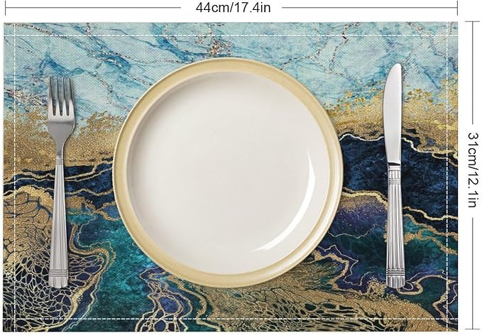 Marble Linen Placemats Set of 2, Modern Luxury Foil Cracked Texture Blue Gold Marble 12x17 Inch Washable Table Mats Non Slip Placemats for Wedding Party Kitchen Banquets Dining Decoration