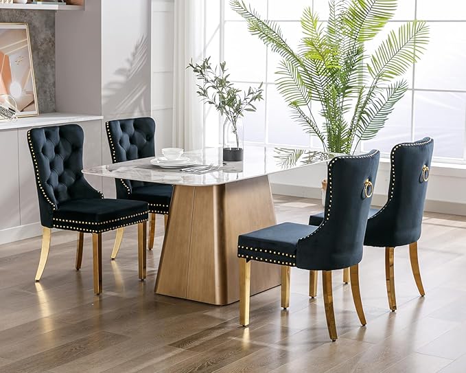 KCC Velvet Dining Chairs Set of 4, Upholstered High-end Tufted Dining Chair with Nailhead Back Ring Pull Trim Stainless Steel Legs, Contemporary Nikki Collection Modern Style for Kitchen, Black