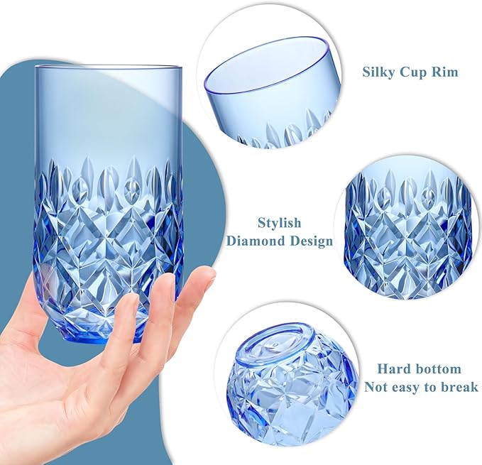 Acrylic Drinking Glasses Set of 12 Blue Mixed Drinks Glassware Unbreakable Palstic Tumbler and Rocks Glass Set 6pcs 18oz Highball and 6pcs 12 oz Cocktail Glasses for Cocktail Iced Coffee Beer Whiske