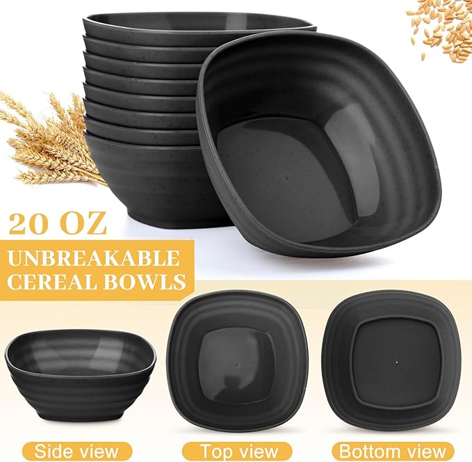 Gejoy 64 Pcs Unbreakable Cereal Reusable Wheat Straw Lightweight Bowls Microwave and Dishwasher Safe Soup Fiber Bowls for Kitchen Serving Salad Rice Snacks (Black)
