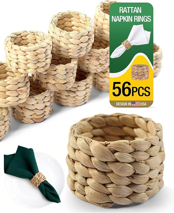 56 Pcs Rattan Napkin Rings Set, Woven Wicker Napkin Holders Bulk, Natural Water Hyacinth Handmade Boho Table Decor for Thanksgiving, Christmas, Wedding Table Dinnerware Decoration Set