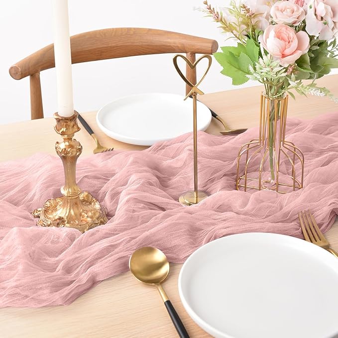 Joanlody Dusty Rose Cheesecloth Table Runner Spring Easter 10Ft Rustic Gauze Boho Cheese Cloth Table Runner for Wedding Bridal Baby Shower Decoration 4 Pack